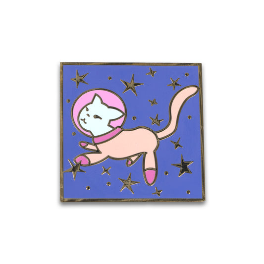 Photograph of Cute Cat Astronaut (Catstronaut) hard enamel pin, floating in space.