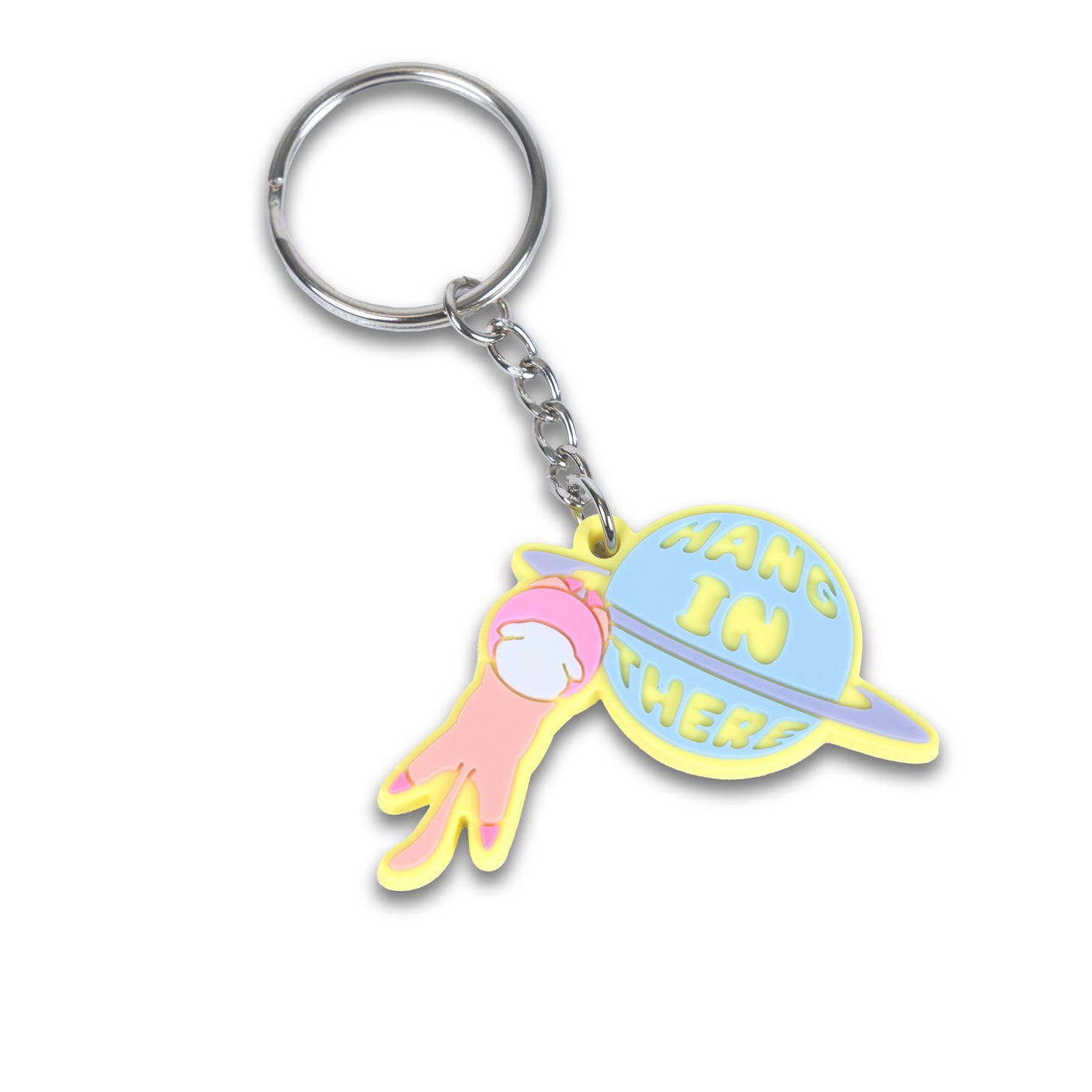 Photograph of Cute Cat Astronaut (Catstronaut) PVC Keychain, hanging onto a planet with cute phrase 'Hang In There'.