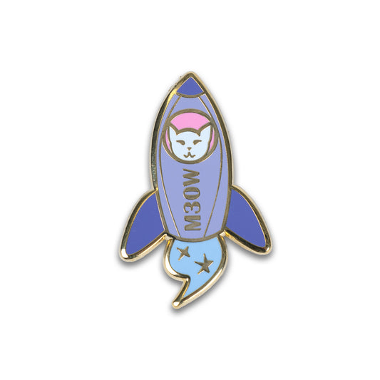 Photograph of Cute Cat Astronaut (Catstronaut) hard enamel pin, in her space rocket, The M3OW.