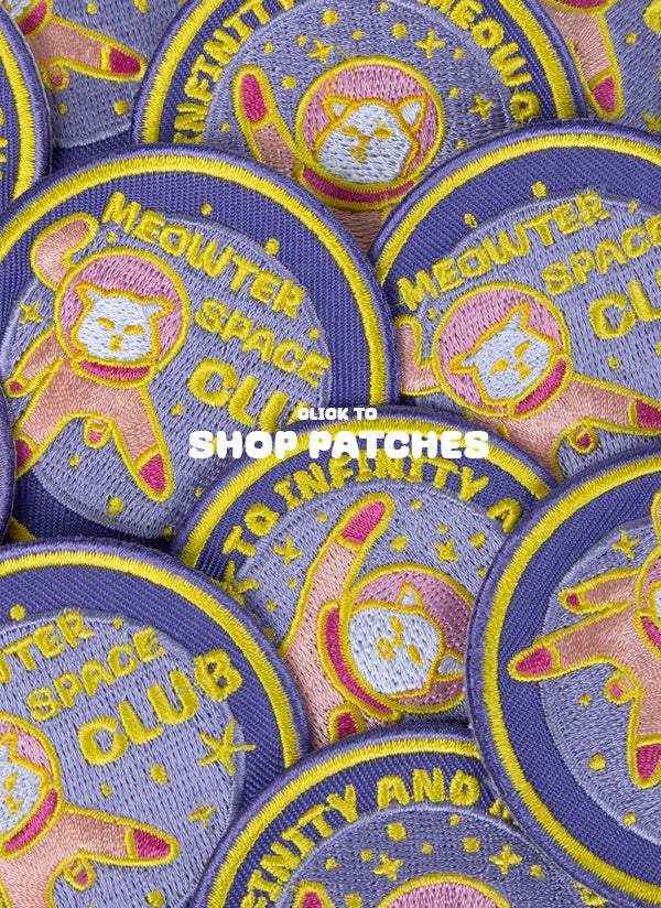 Banner image of Cute Cat Astronaut (Catstronaut) iron-on patches.