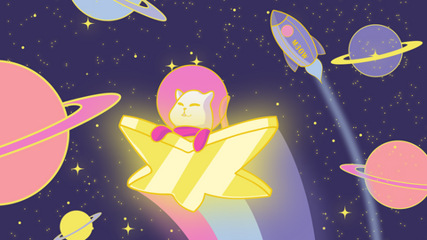 Cute Cat Astronaut (Catstronaut) blasting off on a star into space, with her rocket The M3OW in the background; free HD desktop wallpaper.