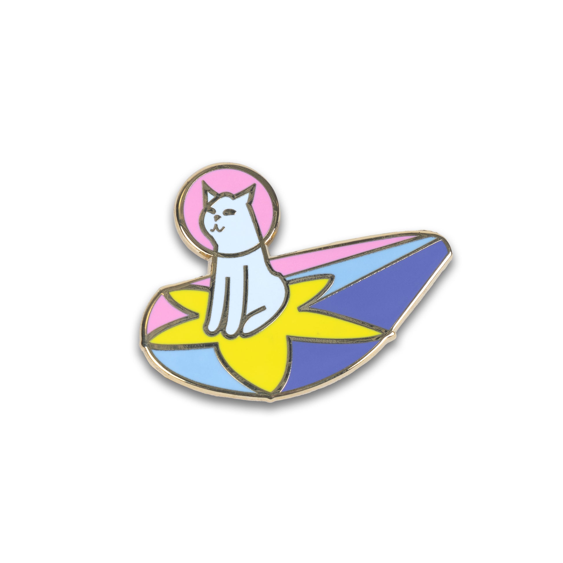 Photograph of Cute Cat Astronaut (Catstronaut) hard enamel pin, riding on a rainbow shooting star.