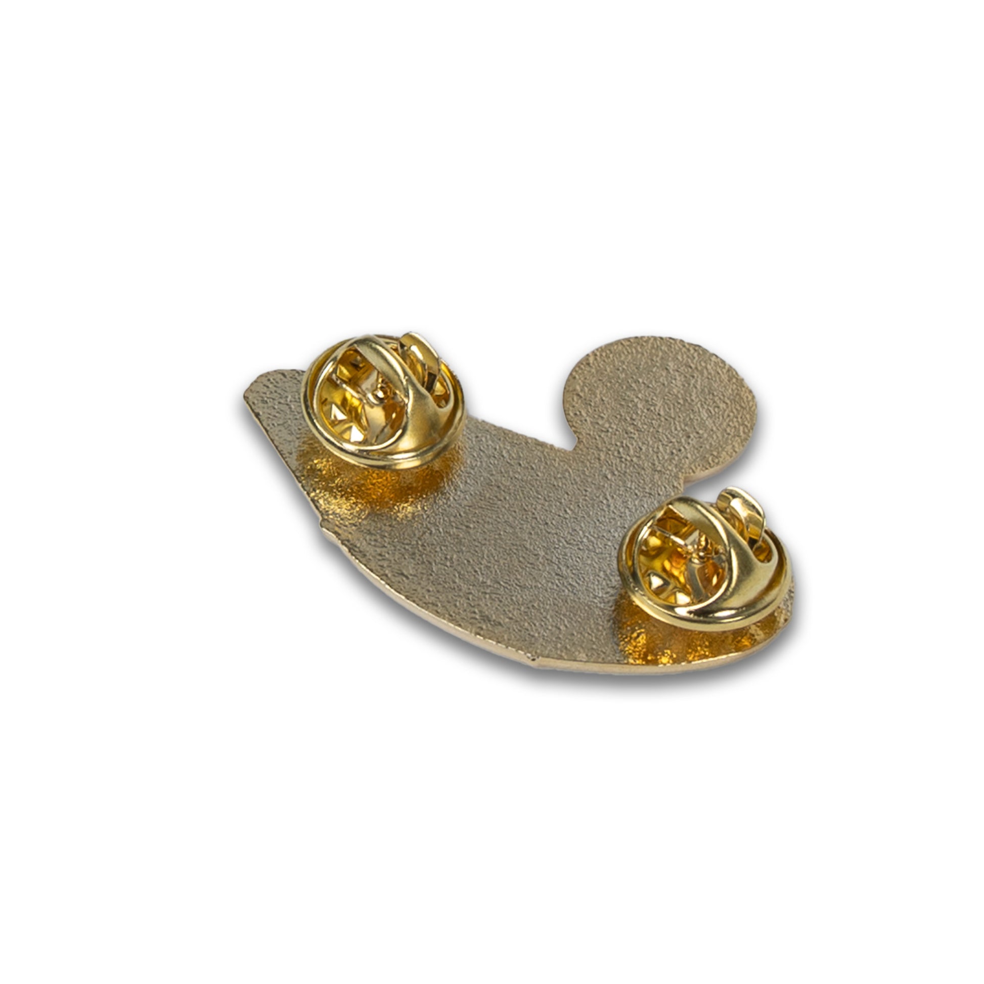 Photograph of back of Cute Cat Astronaut (Catstronaut) hard enamel pin, riding a rainbow shooting star (Featuring 2 metal pin attachments).