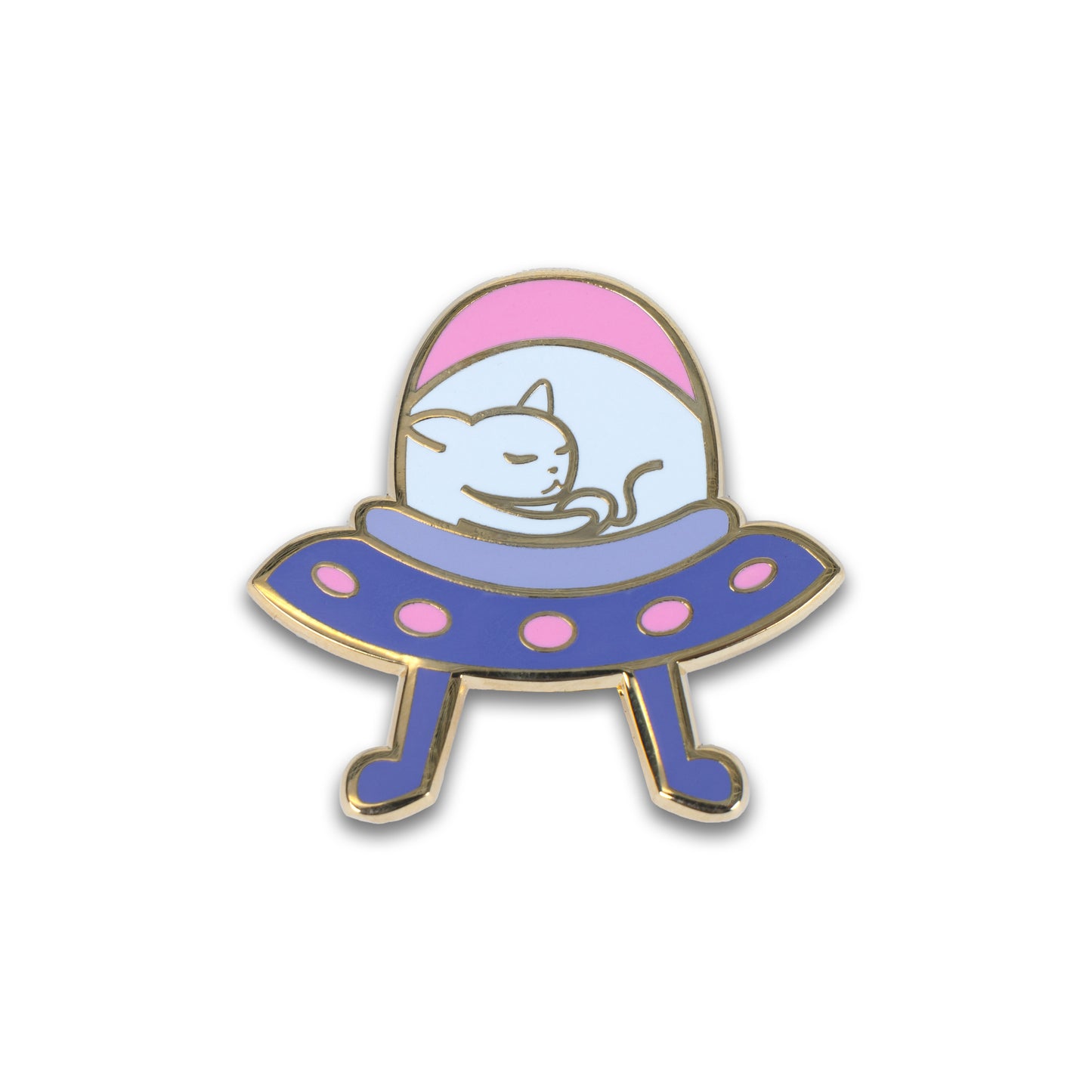 Photograph of Cute Cat Astronaut (Catstronaut) hard enamel pin, sleeping in an alien spaceship.