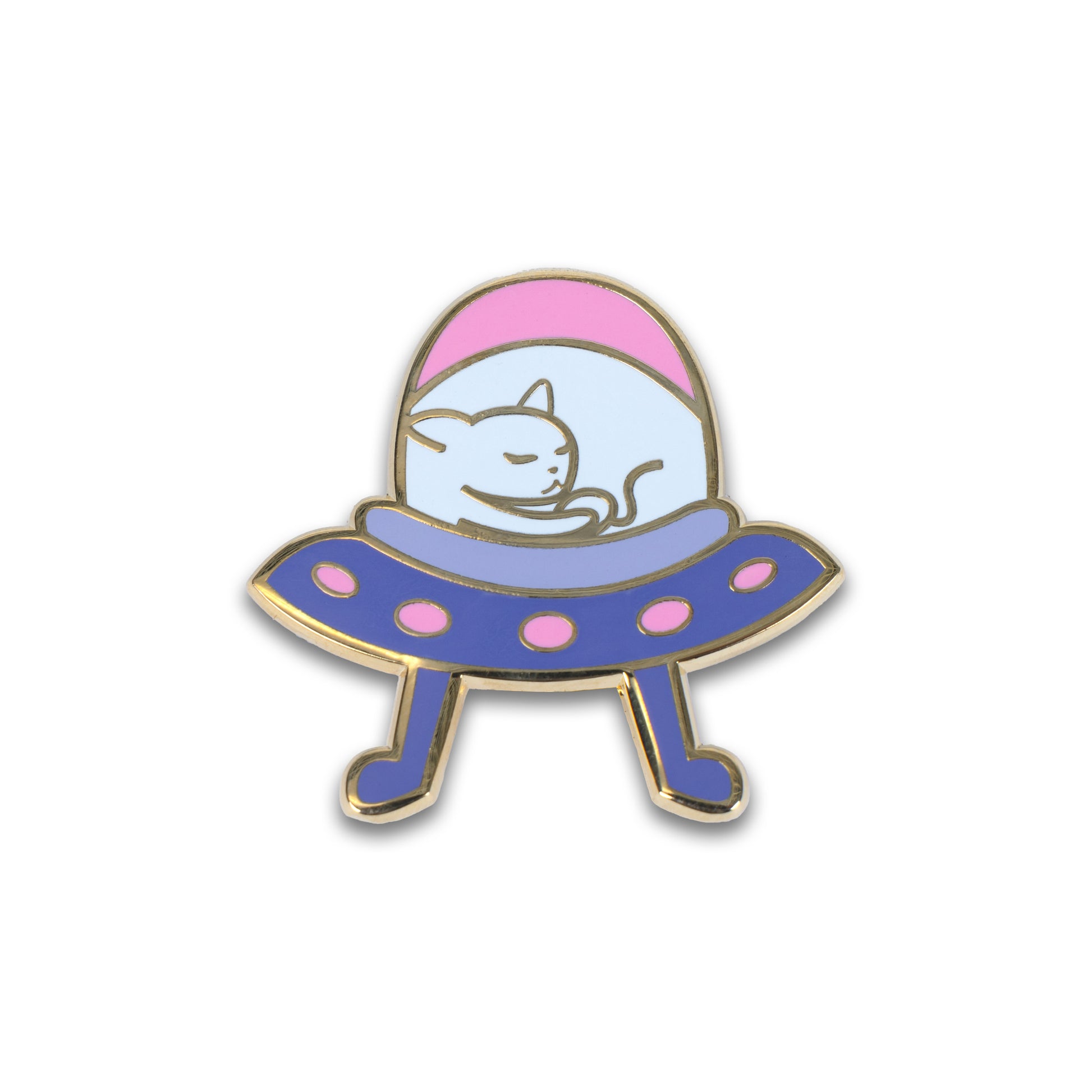 Photograph of Cute Cat Astronaut (Catstronaut) hard enamel pin, sleeping in an alien spaceship.