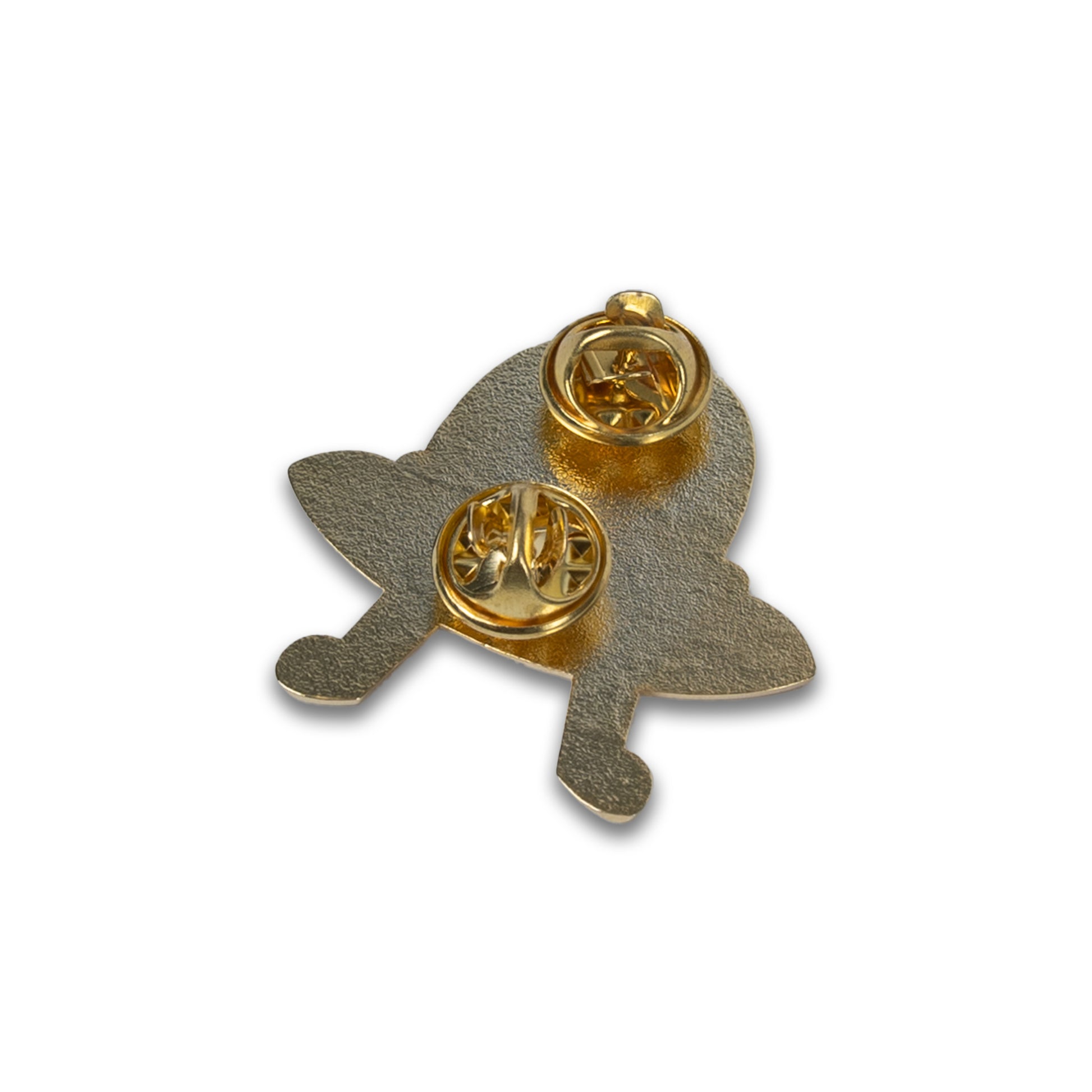 Photograph of back of Cute Cat Astronaut (Catstronaut) hard enamel pin, sleeping in an alien spaceship (Featuring 2 metal pin attachments).