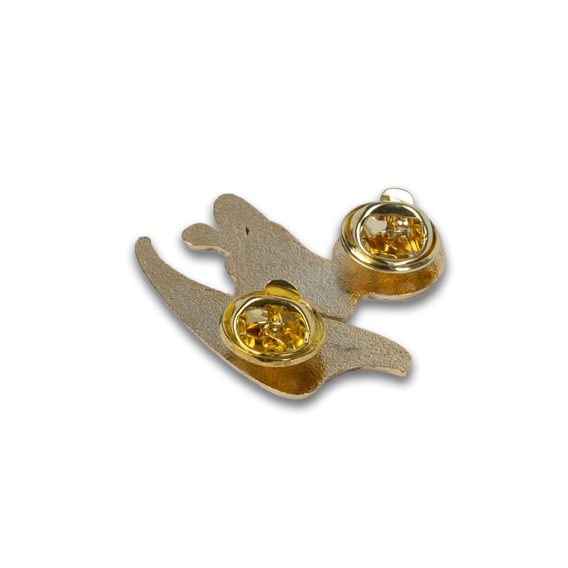 Photograph of back of Cute Cat Astronaut (Catstronaut) hard enamel pin, walking on stars (Featuring 2 metal pin attachments).