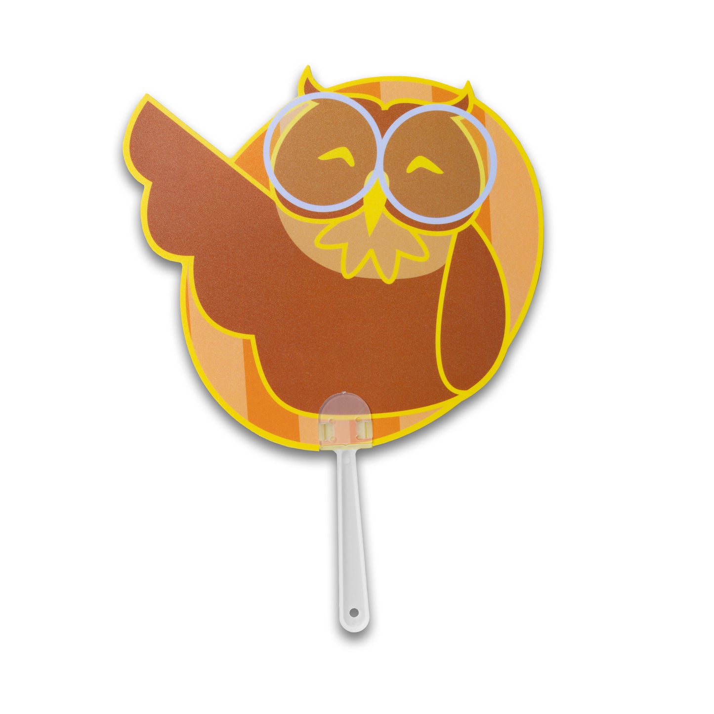 Photograph of handheld cute owl PVC fan featuring Professor Hoots.