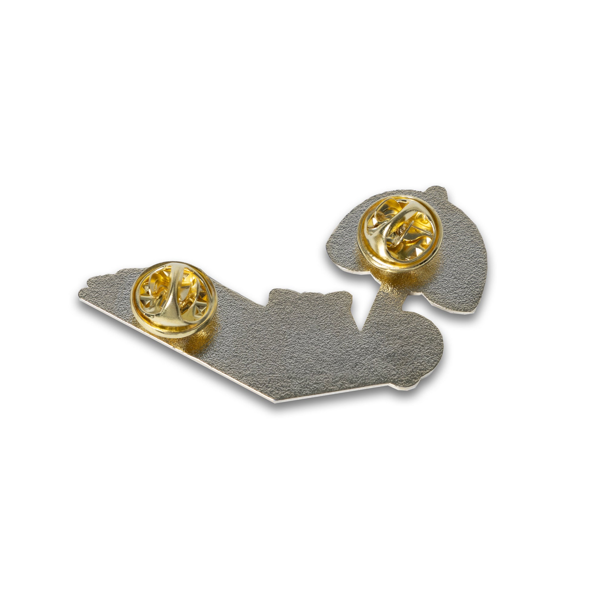 Photograph of back of Cute Cat Astronaut (Catstronaut) hard enamel pin, sunbathing (Featuring 2 metal pin attachments).