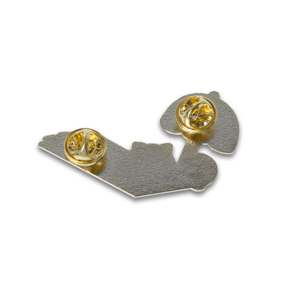 Photograph of back of Cute Cat Astronaut (Catstronaut) hard enamel pin, sunbathing (Featuring 2 metal pin attachments).