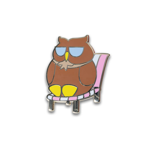 Photograph of Cute Owl, Professor Hoots, hard enamel pin, sunbathing.