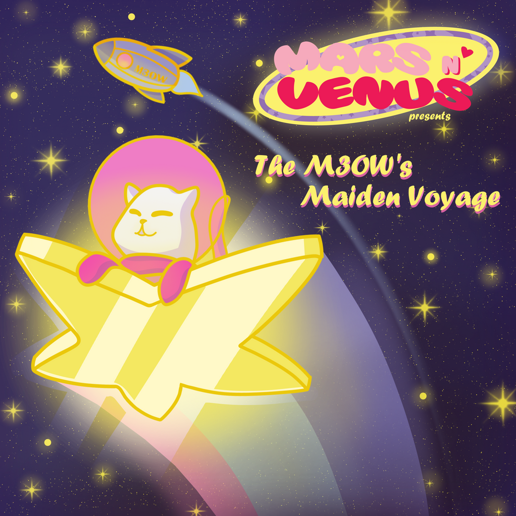 Album/Playlist cover for Mars N' Venus' debut playlist on Spotify; featuring Catstronaut (Cute Cat Astronaut) blasting off into space.